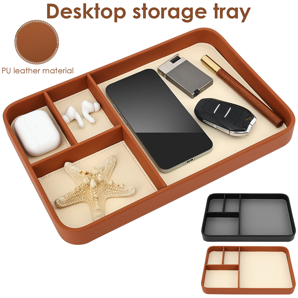 Leatherwork Table - 4-Compartment Storage Tray Stylish PU Leather