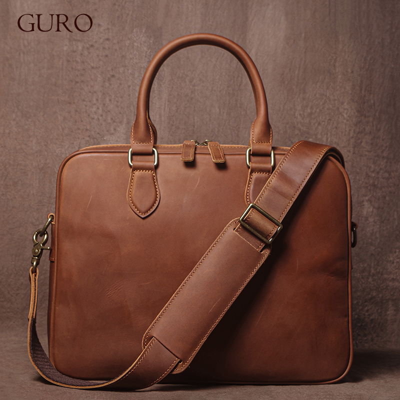 Leather Work Handbag - GURO Men Crazy Horse Cowhide Briefcase