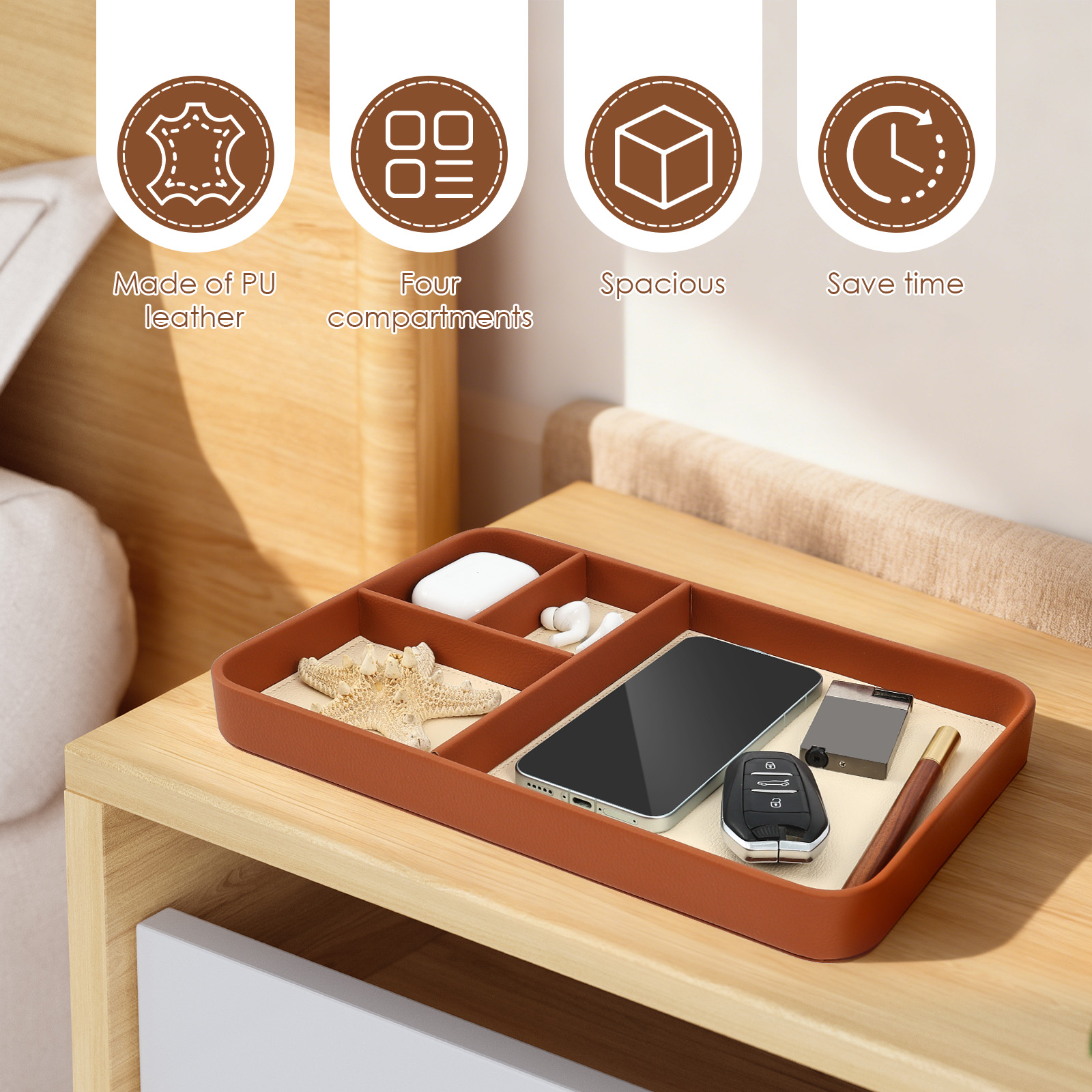 4-Compartment Storage Tray Sty - Leatherwork Table recension och pris