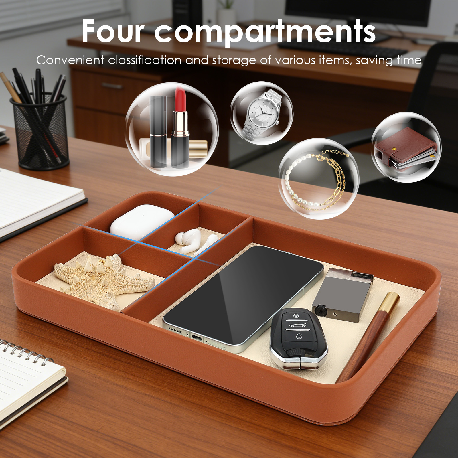 4-Compartment Storage Tray Sty - Leatherwork Table recension och pris